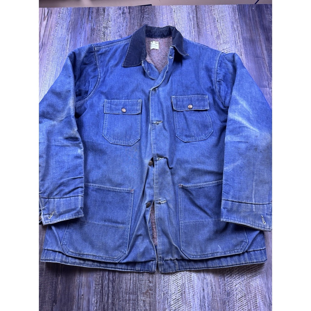 Vtg JC Penny Big Mac Denim Chore Jacket Men's XXL Blue Blanket Lined Distressed